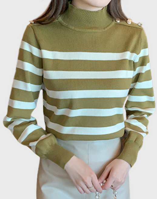 퀸이즈 여성용 반폴라 숄더 디테일 단가라 니트 티셔츠