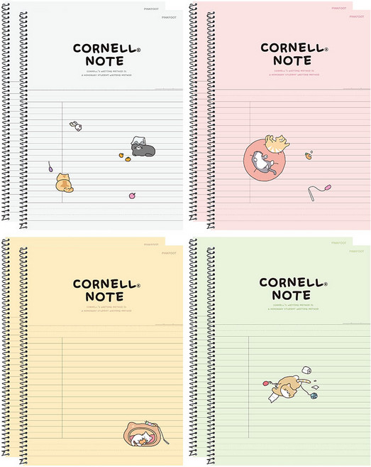 PINKFOOT 貓咪圖案線圈康乃爾筆記本組, 白色+粉色+黃色+綠色, 8本