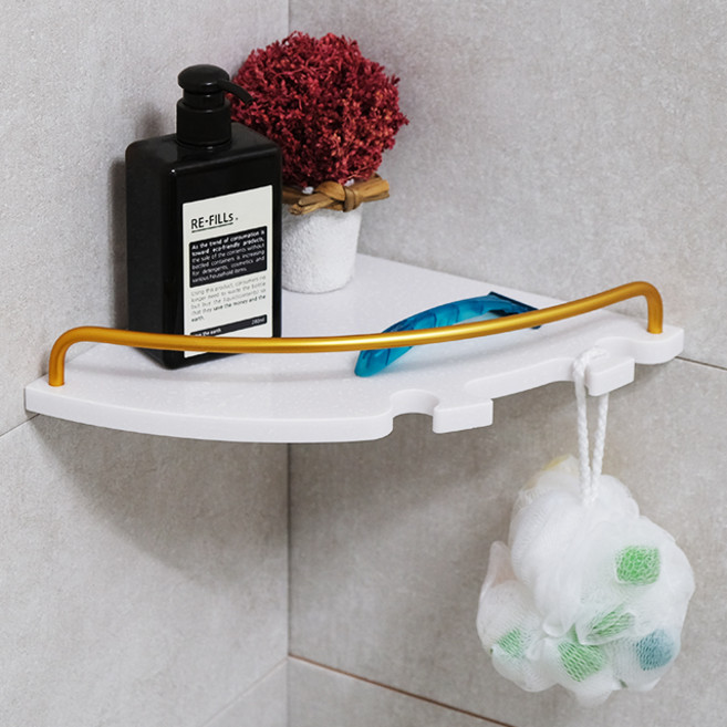 plusbrand 다용도 걸이형 인조 대리석 라운드 코너선반 B타입, 화이트 + 골드, 1개