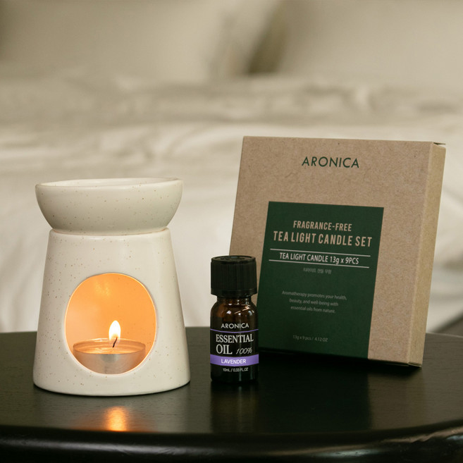 아로니카 세라믹 접시분리형 오일버너 50ml + 에센셜오일 라벤더 10ml + 티라이트 캔들 13g 9p 세트, 화이트(오일버너), 1개