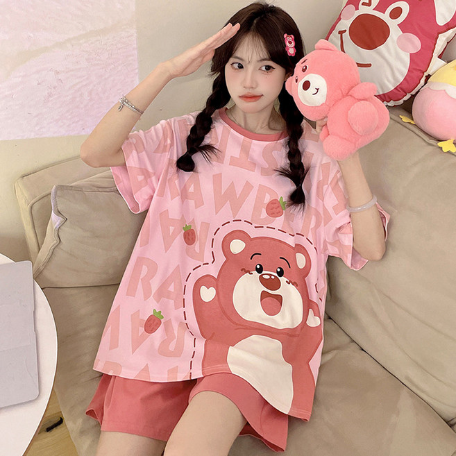 비올라 여성용 잠옷 반팔 티셔츠 + 반바지 세트 Vio0026