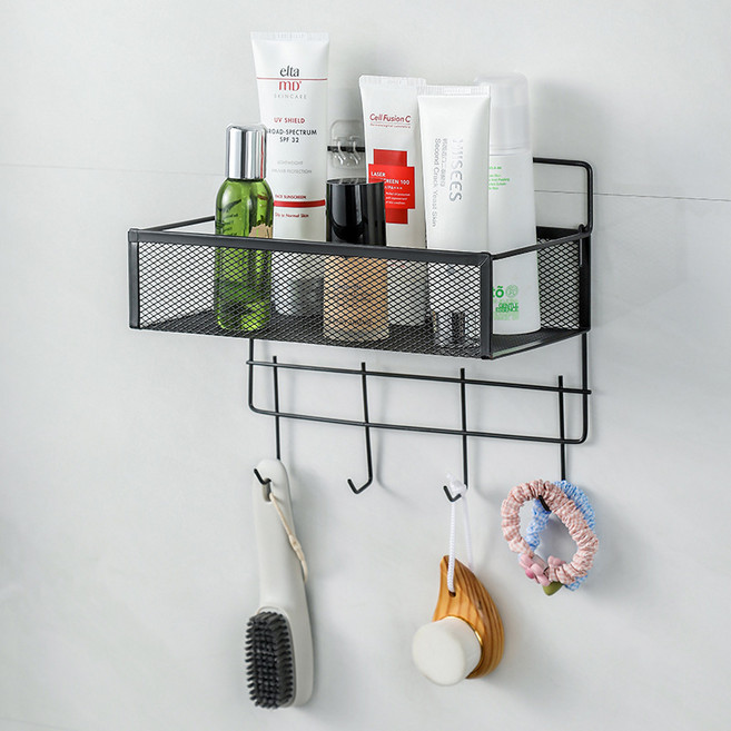 피어니스트 무타공 벽걸이 후크 욕실선반, 블랙, 2개