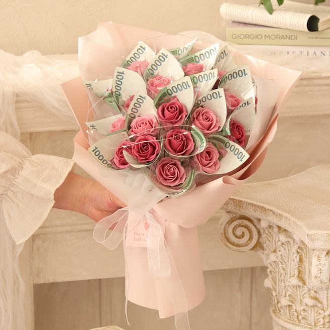 용돈 비누꽃 돈꽃다발 LED조명 15송이 세트, 플럼모브, 1개