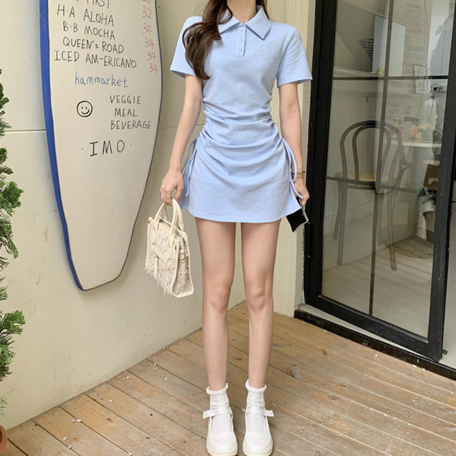 안다로미 옆스트링 폴로 칼라 반팔 미니 원피스