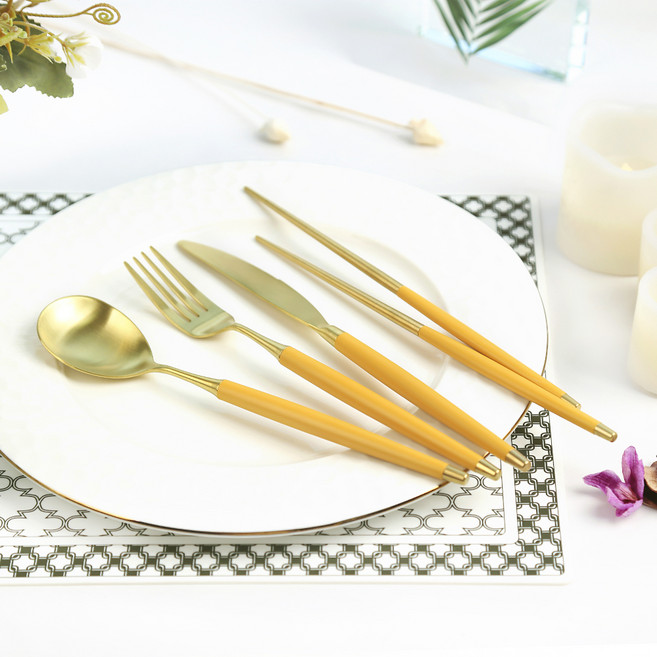 보겐 국산 르비앙 골드 디너 커트러리 4종 세트, 머스타드, 디너나이프 + 디너포크 + 숟가락 + 젓가락, 1세트