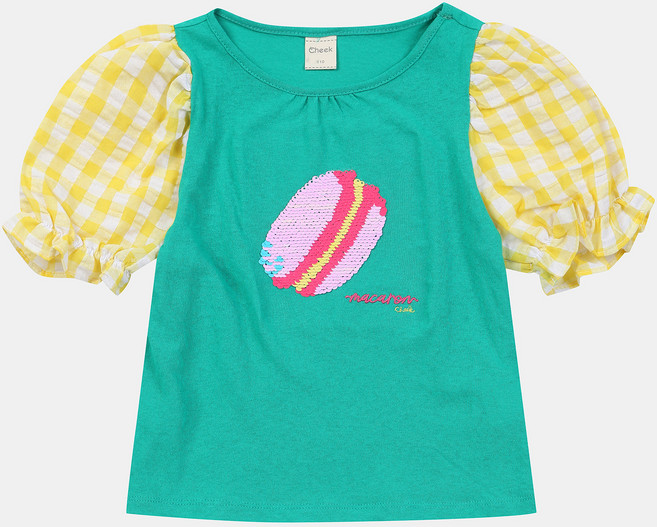 치크 여아용 통기성 고방 체크 퍼프 소매 반팔티 CKRA20454