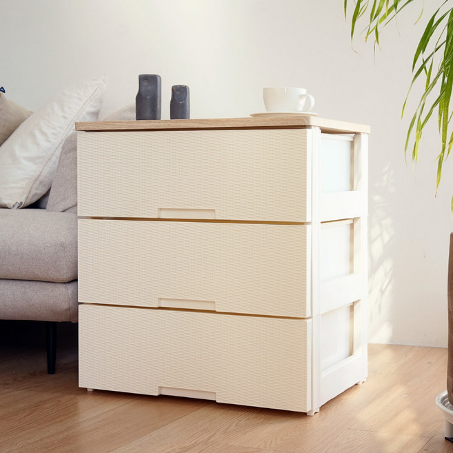 보노하우스 라탄플러스 우드상판 서랍장, 3단, 모던 화이트