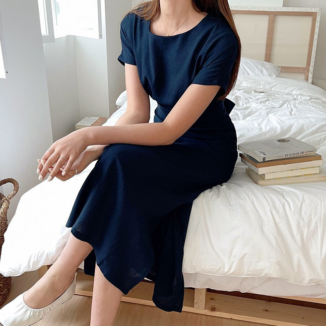 TANIZ 女款圓領細褶綁帶連衣裙, 海軍藍