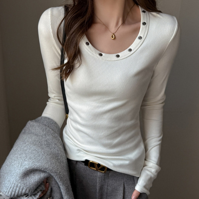 피어니스트 여성용 스터드 징 라운드넥 슬림핏 긴팔 티셔츠