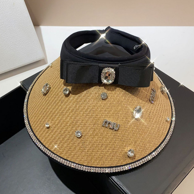 아뗄릭 러블리 리본 인조 큐빅 여름 라탄 썬캡 모자 10532