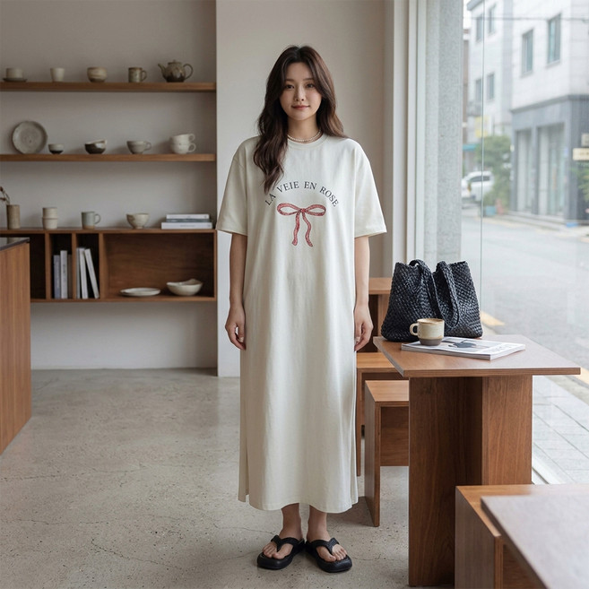 MarketA 女款蝴蝶結休閒大尺碼短袖連身裙 M263-0716, 白色