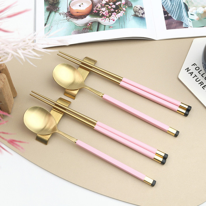 보겐 국산 스퀘어 투톤 골드 수저 + 받침 2인세트, 핑크, 1세트, 숟가락 2p + 젓가락 2p + 스텐실버수저받침 2p
