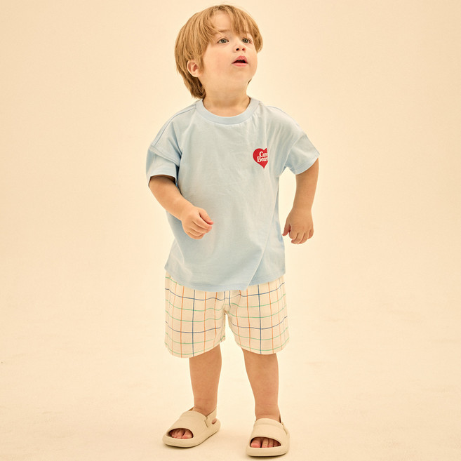 케어베어 아동용 통기성 러버블 그럼피베어 컬러 체크 상의 + 하의 세트