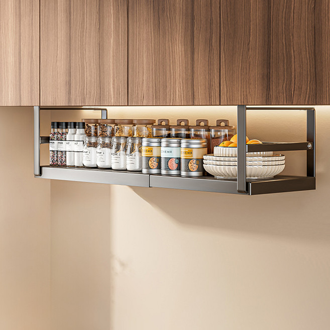 21세기트랜드 슬라칸 무타공 주방 선반 걸이 상부장 길이조절 정리 선반 랙 조절형, 블랙, 1개