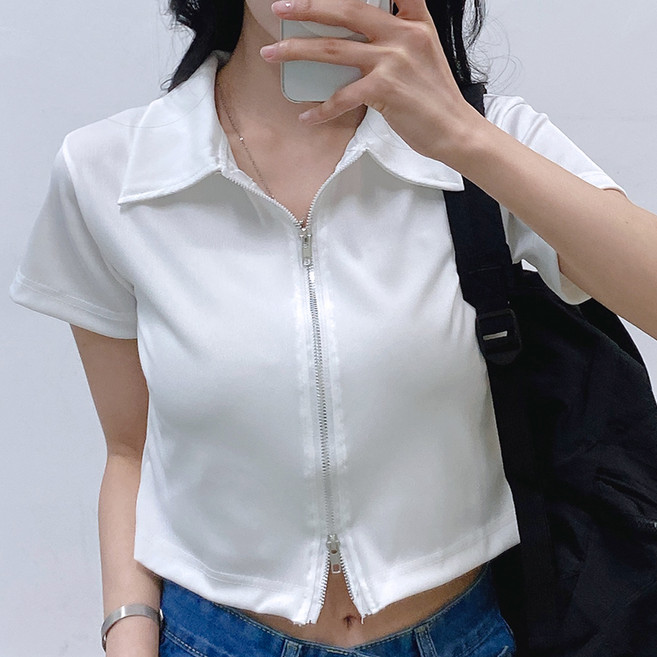 gelluna 女款修身兩穿拉鍊翻領短袖T恤 TH-26
