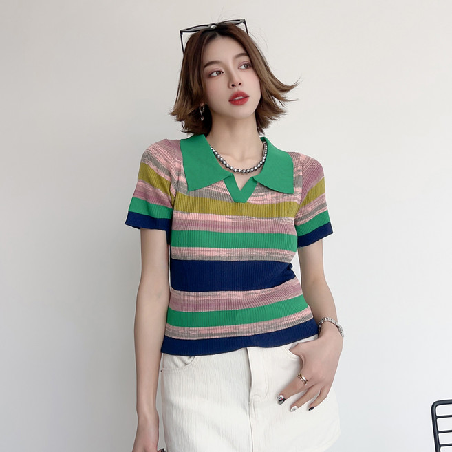 더시럽 여성용 캔디 컬러링 폴로 크롭 니트 반팔 티셔츠