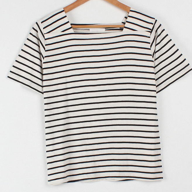 빼빼 여성용 통기성 스퀘어넥 스트라이프 트임 반팔 티셔츠
