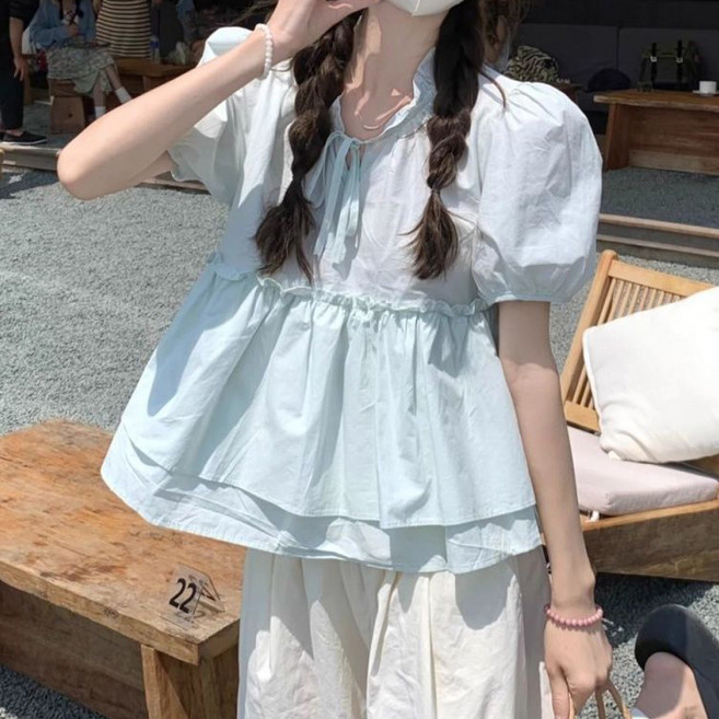 라라티나 여성용 펀스 프리티 프릴 퍼프소매 반팔 블라우스