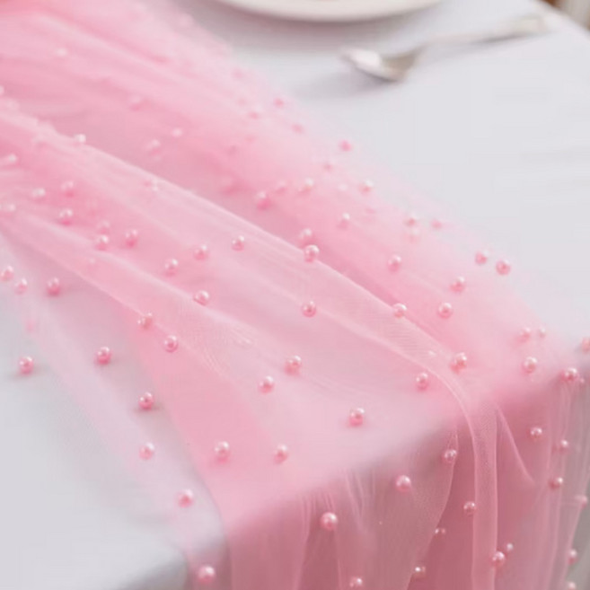 알럽홈 비즈 레이스 쉬폰 파티 테이블러너 L261-0092, 핑크, 1개, 75 x 100 cm