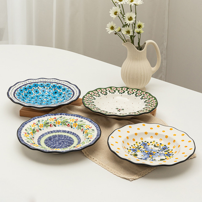 메종오브제 프라카 폴란드풍 도자기 프릴 파스타볼 4종 세트, 피치블로썸, 블루레아, 리시안셔스, 피오니, 1세트