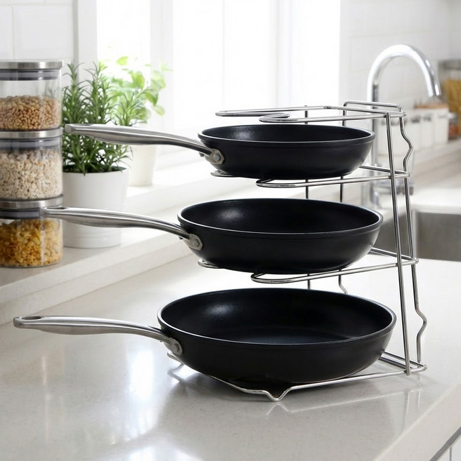 UH홈데코 스텐 후라이팬 정리대, 실버, 1개, 3단