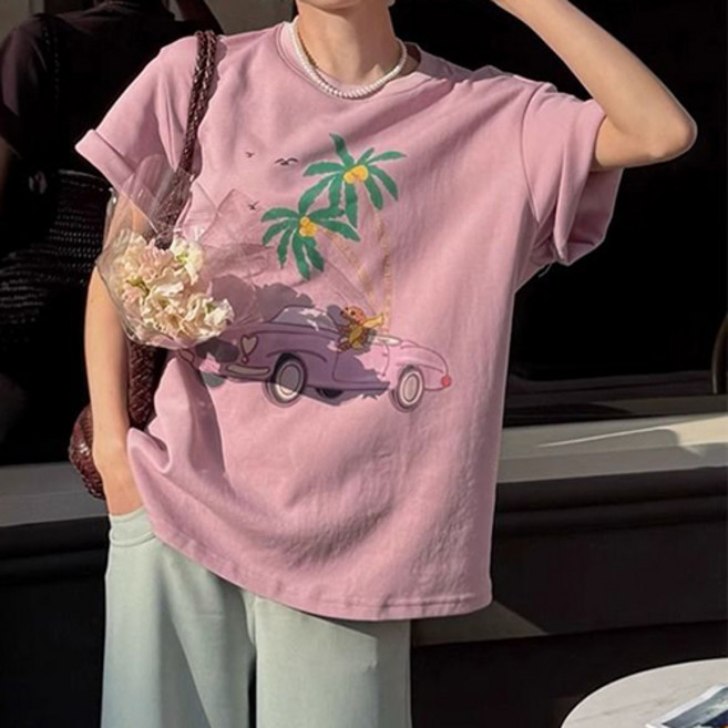 레몬소울 여성용 미야묘 프린팅 반팔 티셔츠