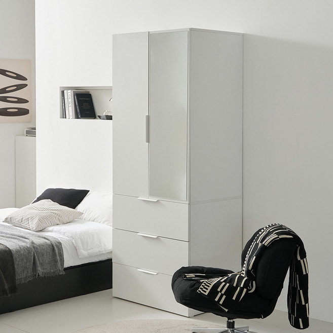 웰퍼니쳐 카린 3단 거울서랍형 높은 옷장 방문설치, 화이트