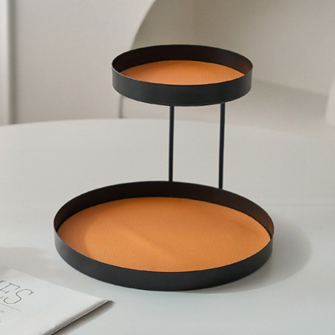 홈플로우 북유럽 감성 미니멀 철제 2단 수납 트레이 원형, 블랙 + 오렌지패드