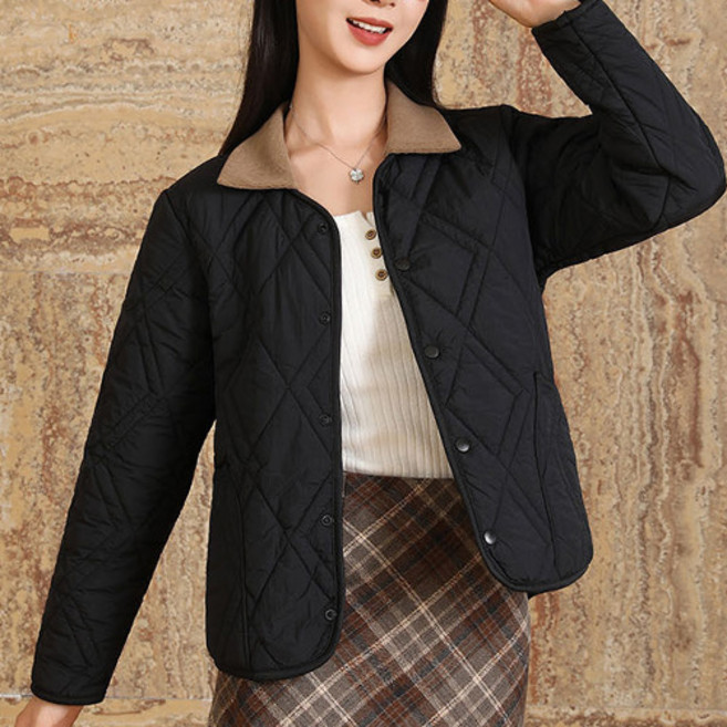 女款時尚潮流冬季簡約燈芯絨翻領輕量羽絨外套