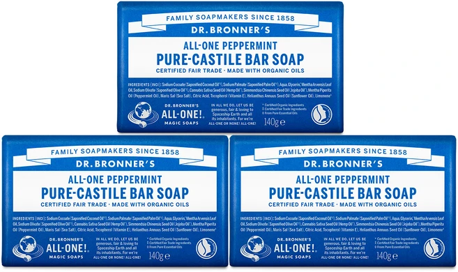 닥터브로너스 페퍼민트 퓨어 캐스틸 바 솝, 140g, 3개입 - 쿠팡
