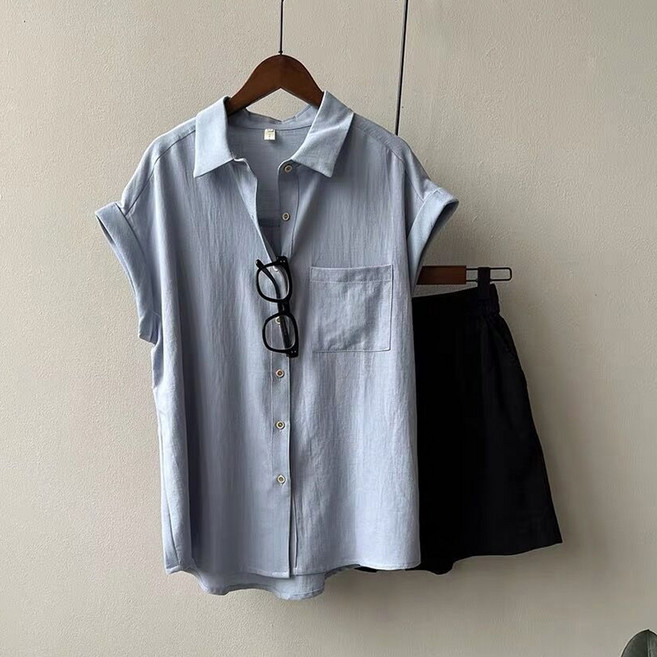 Elsso 女款亞麻抽繩迷你口袋設計短袖襯衫