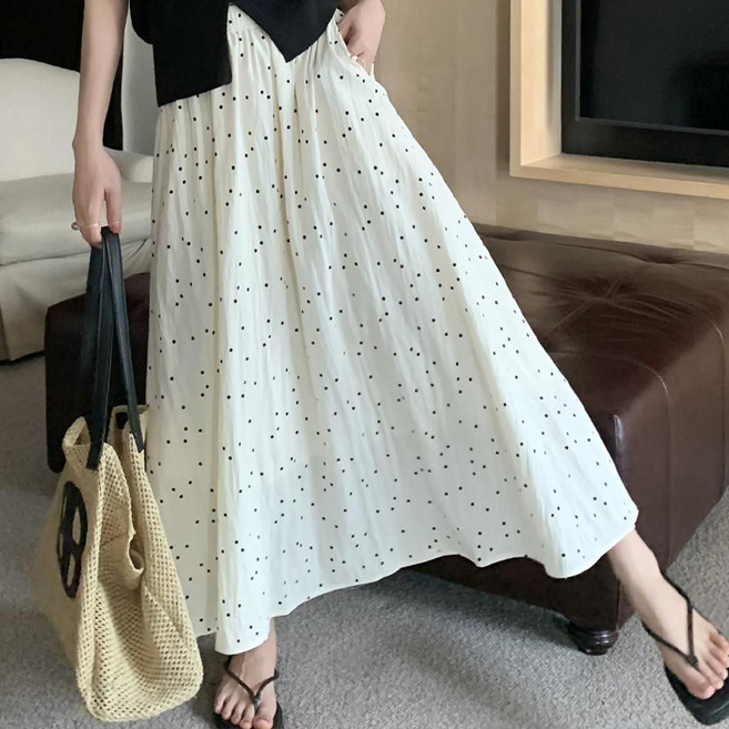 Goodif 女款圓點鬆緊腰A字雪紡隨性風傘襬長裙