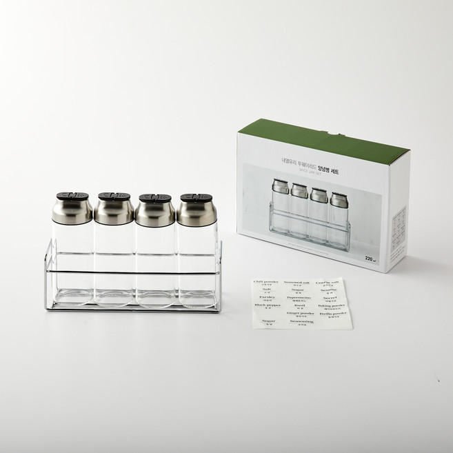 모던하우스 내열유리 투웨이리드 양념병 220ml x 4p, 1세트, 양념병 220ml x 4p + 전용 랙 + 양념 이름 스티커
