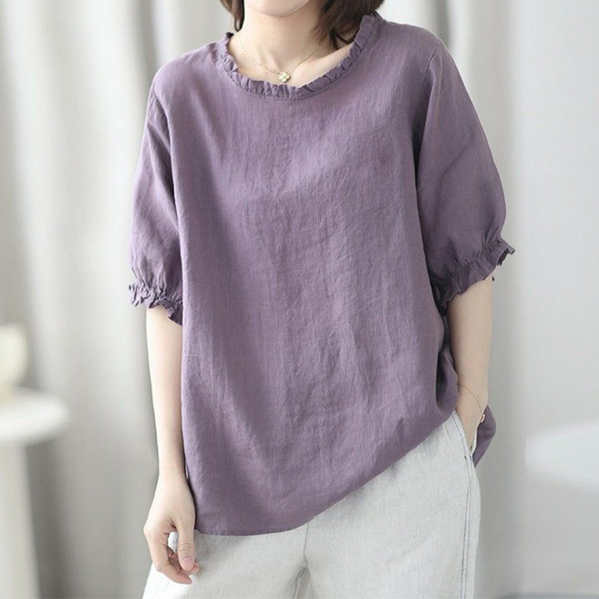 인피어스 여성용 프릴넥 퍼프 소매 반팔 티셔츠 I263-0143