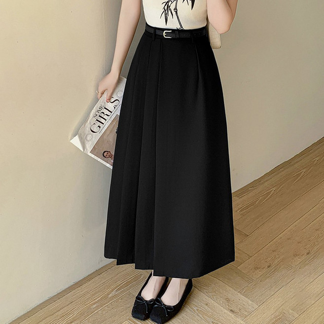 페이릿 앞 주름 포인트 A라인 플리츠 롱 스커트 + 벨트 세트