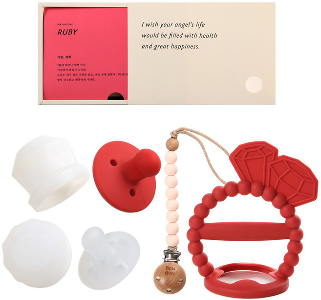 데일리라이크 봉봉 탄생석 노리개 젖꼭지 치발기 세트, 7월 루비, 2단계(4개월이상), 1세트