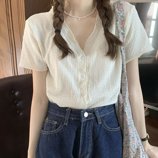 더플로우커머스 여성용 프릴 브이넥 링클 반팔 블라우스 티셔츠