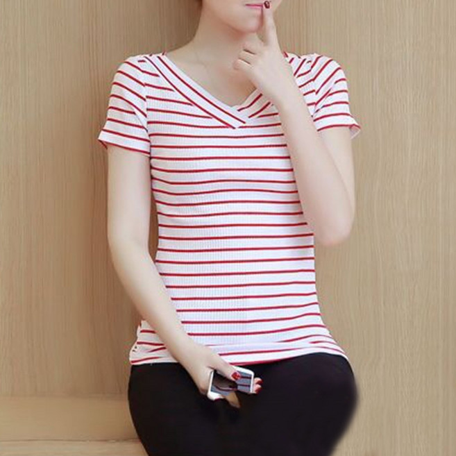 알로데 여성용 통기성 슬림ST 크로스 브이넥 반팔 티셔츠