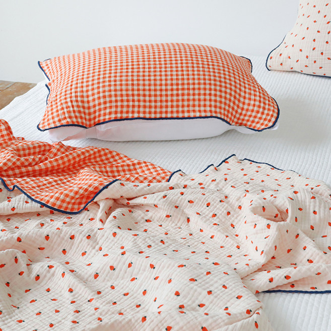 Nubile 四層紗布胡蘿蔔格紋雙面四季毯+枕頭套組 迷你