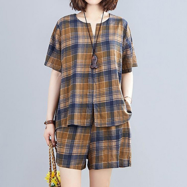 인피어스 빅사이즈 체크 패턴 반팔 반바지 여름 세트 I263-0245