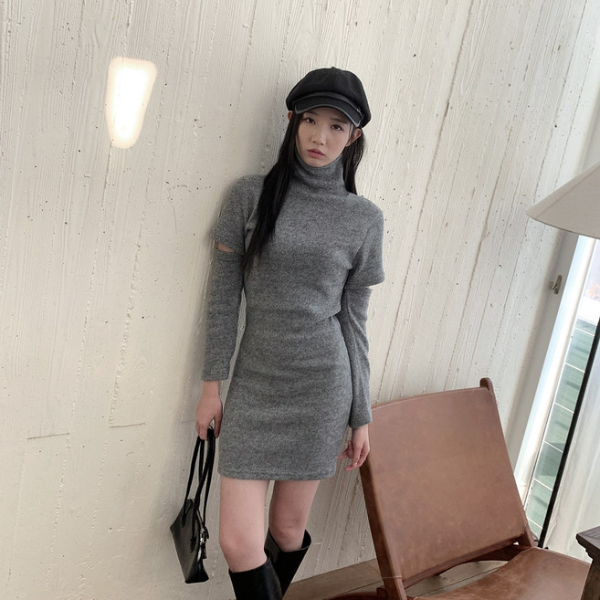 시크블랙 스펠안 목폴라 컷팅 워머 보온 원피스 cpops8339k2b