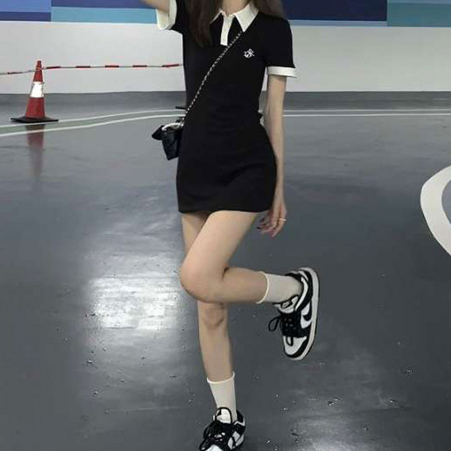 더시럽 여성용 깔끔 베이직 슬림 폴로 미니 원피스