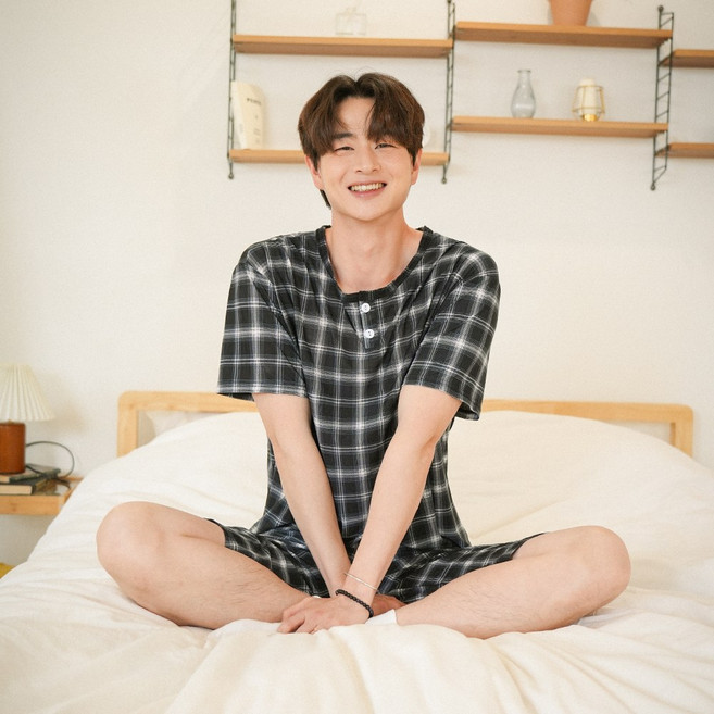 소소미도 남성용 슈퍼쿨 냉감 반팔 체크 잠옷 상하의 세트