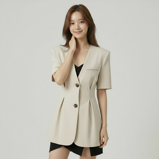 비비에모 여성용 뮤라 브이넥 투버튼 라인 반팔 자켓 12780