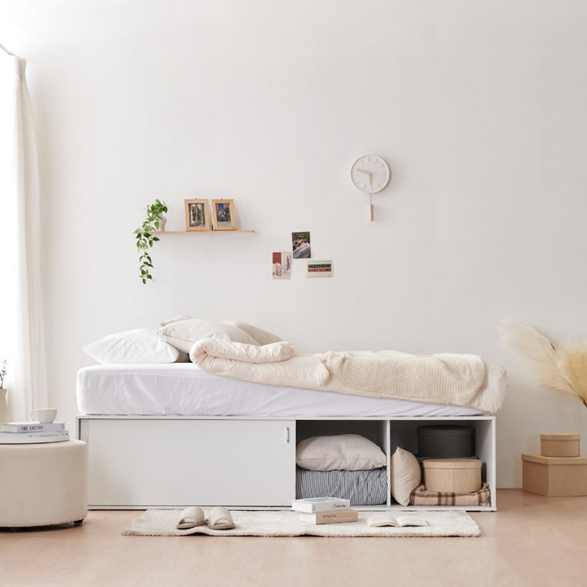 동서가구 소이 빅 슬라이딩 통큰 수납침대 + 9존 독립 매트리스 세트 방문설치, 올화이트