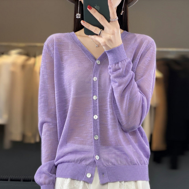 Rich Unni 女款簡約時尚穿搭輕薄透氣奢華夏季薄款V領長袖針織開襟衫