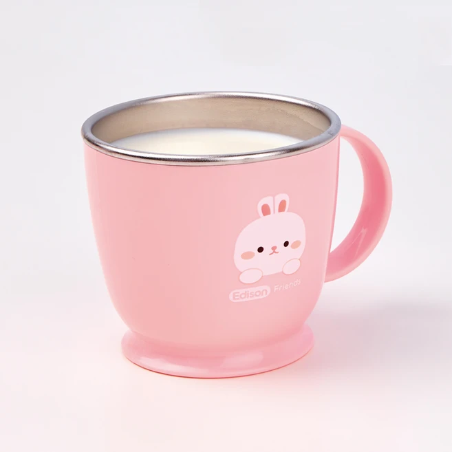 에디슨 프렌즈 논슬립 스텐 한손컵, 토끼 래니 핑크, 1개, 240ml - 쿠팡