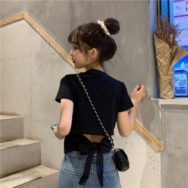 디멜디 여성용 백리본 크롭핏 러블리 섹시무드 반팔티셔츠