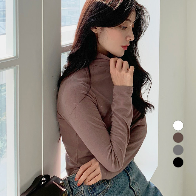 보에리에 여성용 베이직 기모 텐셀 폴라넥 티셔츠