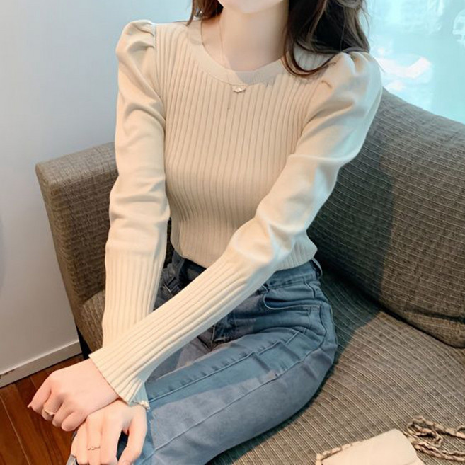 라라티나 여성용 벨르 따뜻한 어깨 퍼프 골지 니트 긴팔 티셔츠